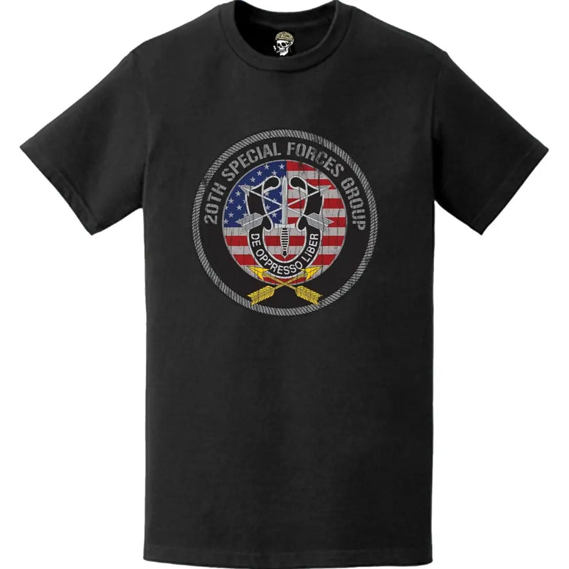 Distressed 20th SFG Patriotic American Flag Circle Crest T-Shirt