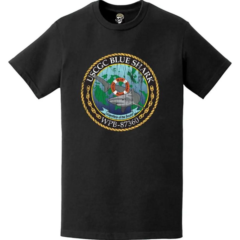 Distressed USCGC Blue Shark (WPB-87360) Ship's Crest Emblem Logo T-Shirt
