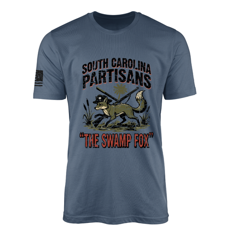 South Carolina Partisans America 250 1776-2026 veteran-owned Revolutionary War t-shirt design featuring a distressed fox in a Continental officer's cap moving through swamp reeds with crossed muskets and the South Carolina palmetto behind it, under "The Swamp Fox" banner honoring Francis Marion