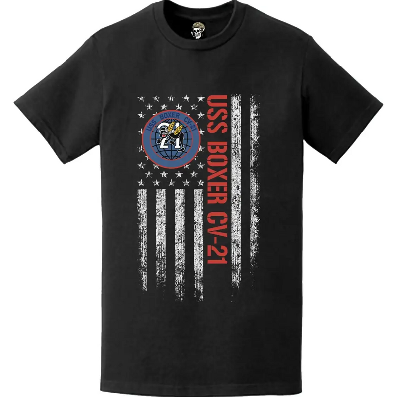 USS Boxer CV-21 Patriotic Ship's Crest Logo American Flag T-Shirt