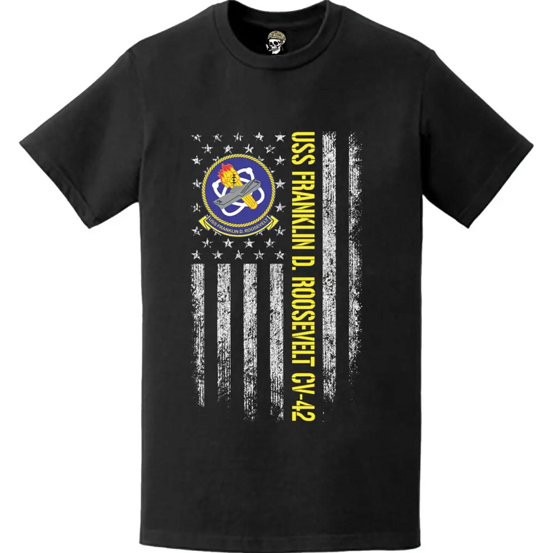 USS Franklin D. Roosevelt (CV-42) Patriotic Ship's Crest Logo American Flag T-Shirt