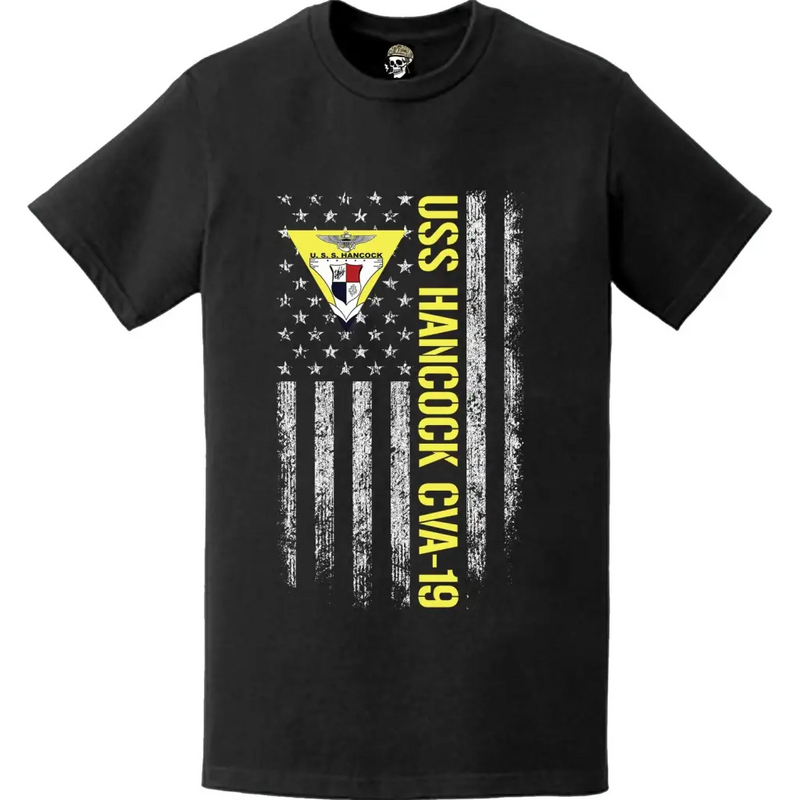 USS Hancock (CVA-19) Patriotic Ship's Crest Logo American Flag T-Shirt