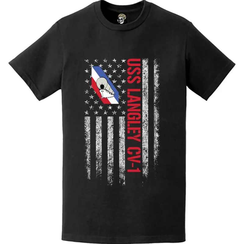 USS Langley (CV-1) Patriotic Ship's Crest Logo American Flag T-Shirt