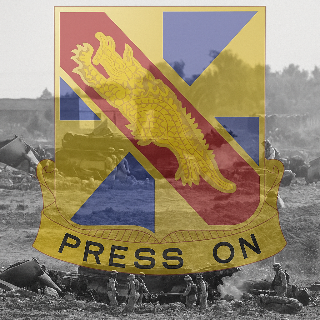  U.S. troops surveying the wreckage of a downed Chinook helicopter in Iraq. Superimposed over the black-and-white battlefield scene is the translucent, full-color emblem of the 159th Aviation Regiment