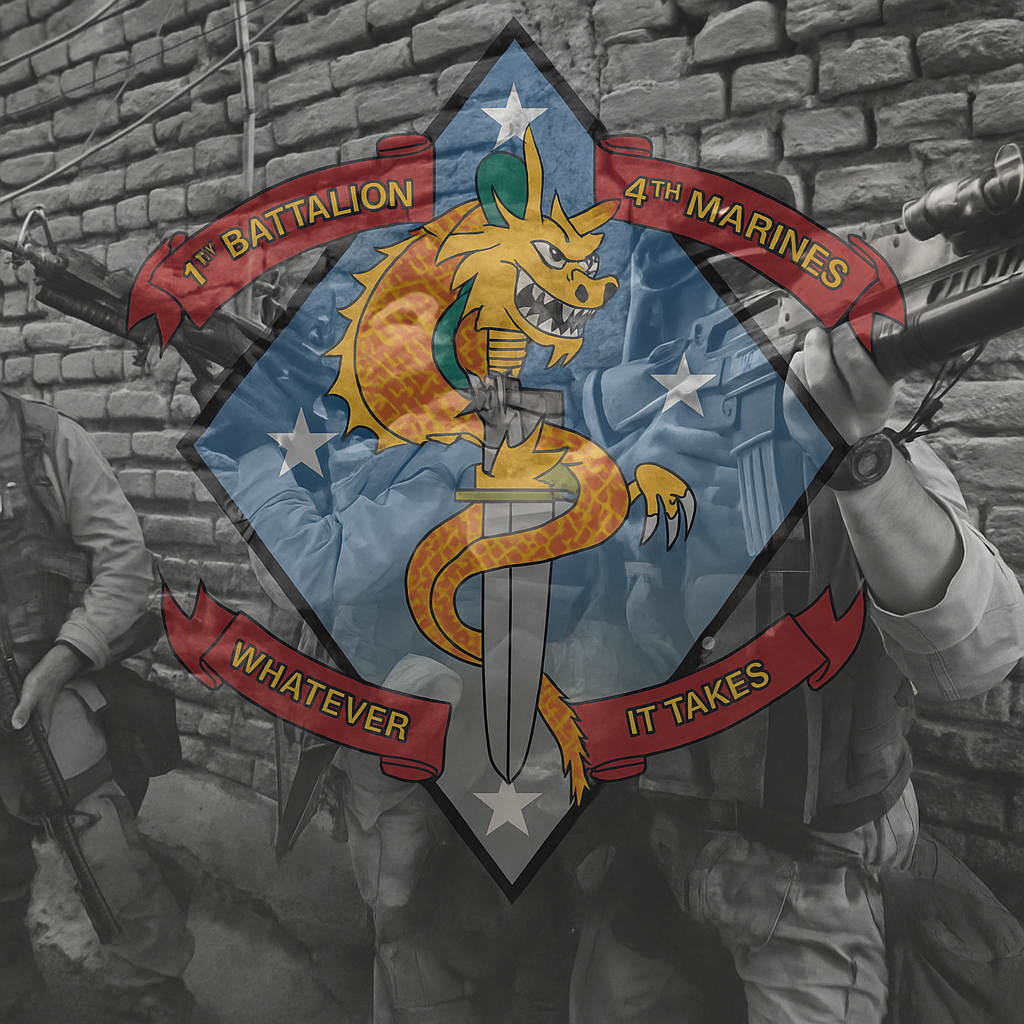 1st Battalion 4th Marines insignia over image from the battle of Najaf