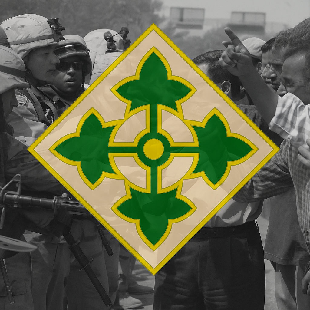 4th infantry division insignia over photo of protest