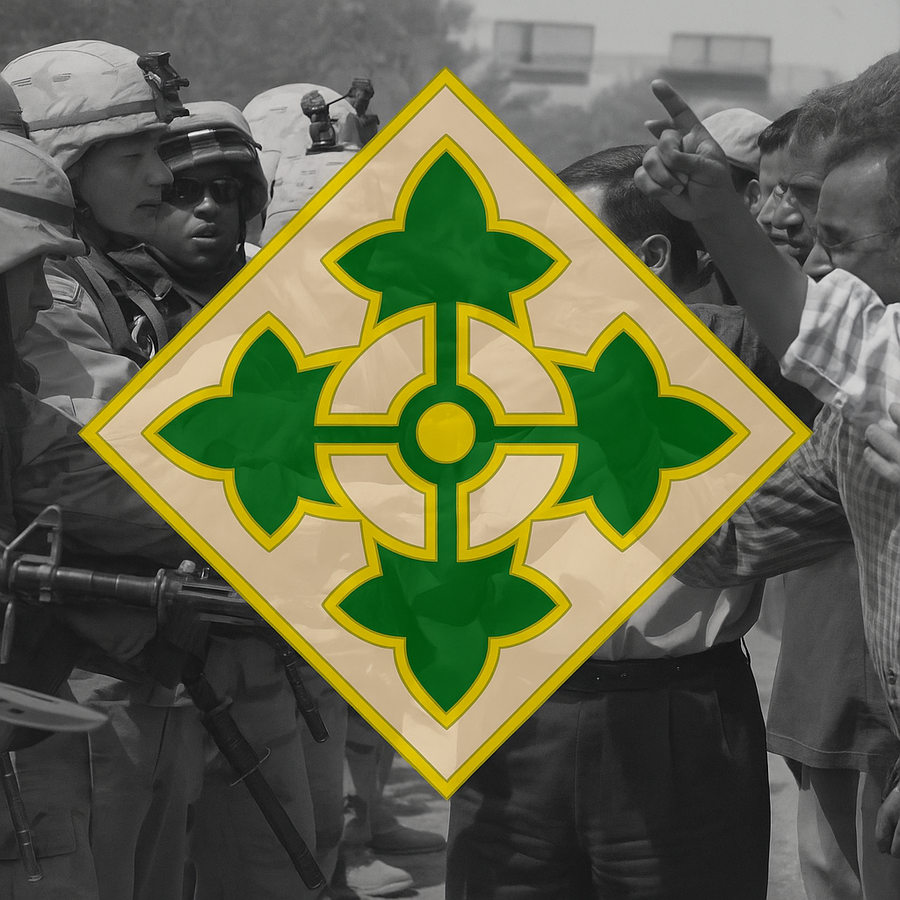 4th infantry division insignia over photo of protest