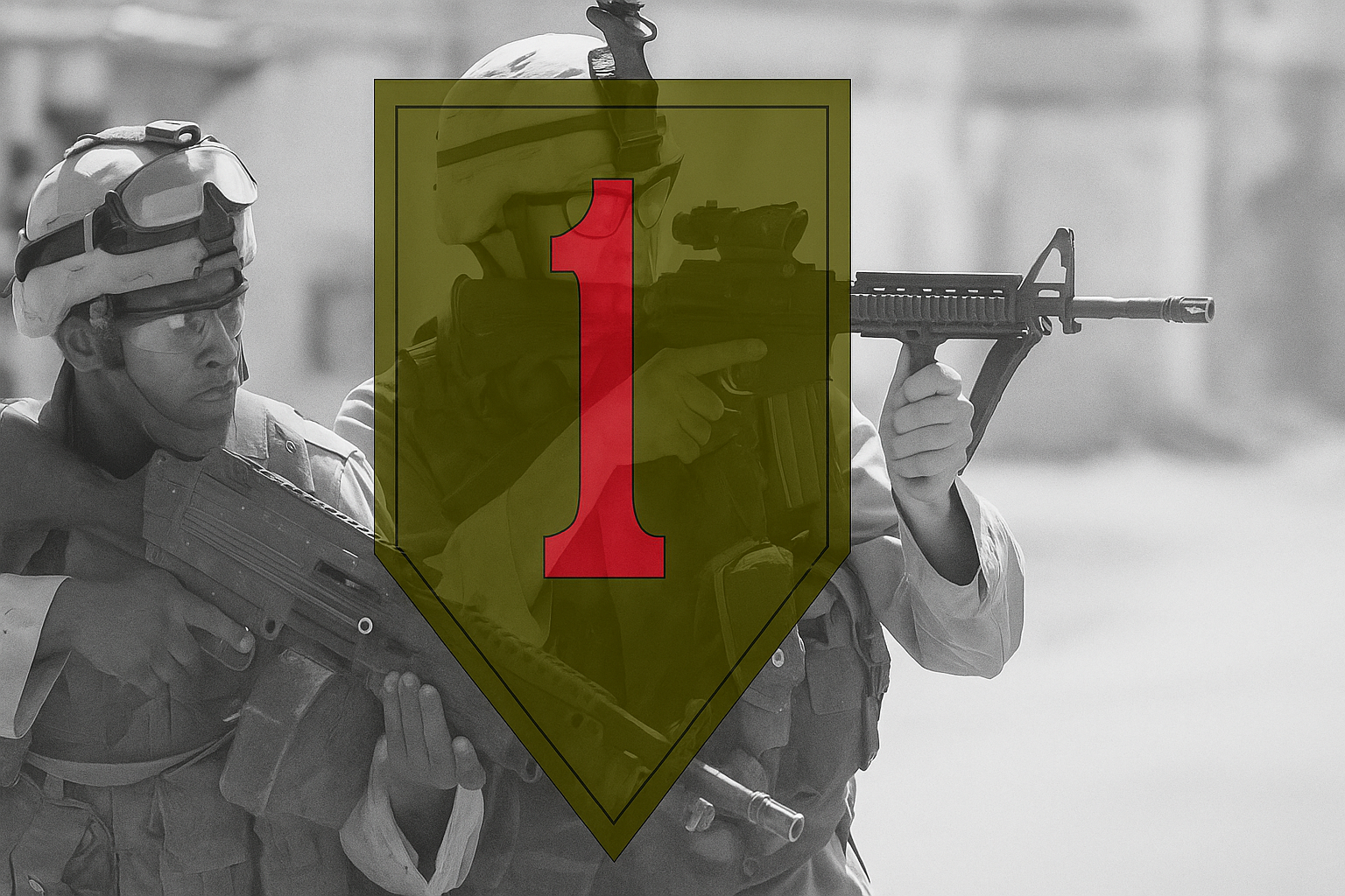 1st infantry division insignia over image of soldiers fighting in the battle of samarra