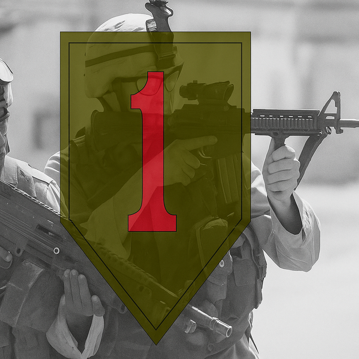 1st infantry division insignia over image of soldiers fighting in the battle of samarra