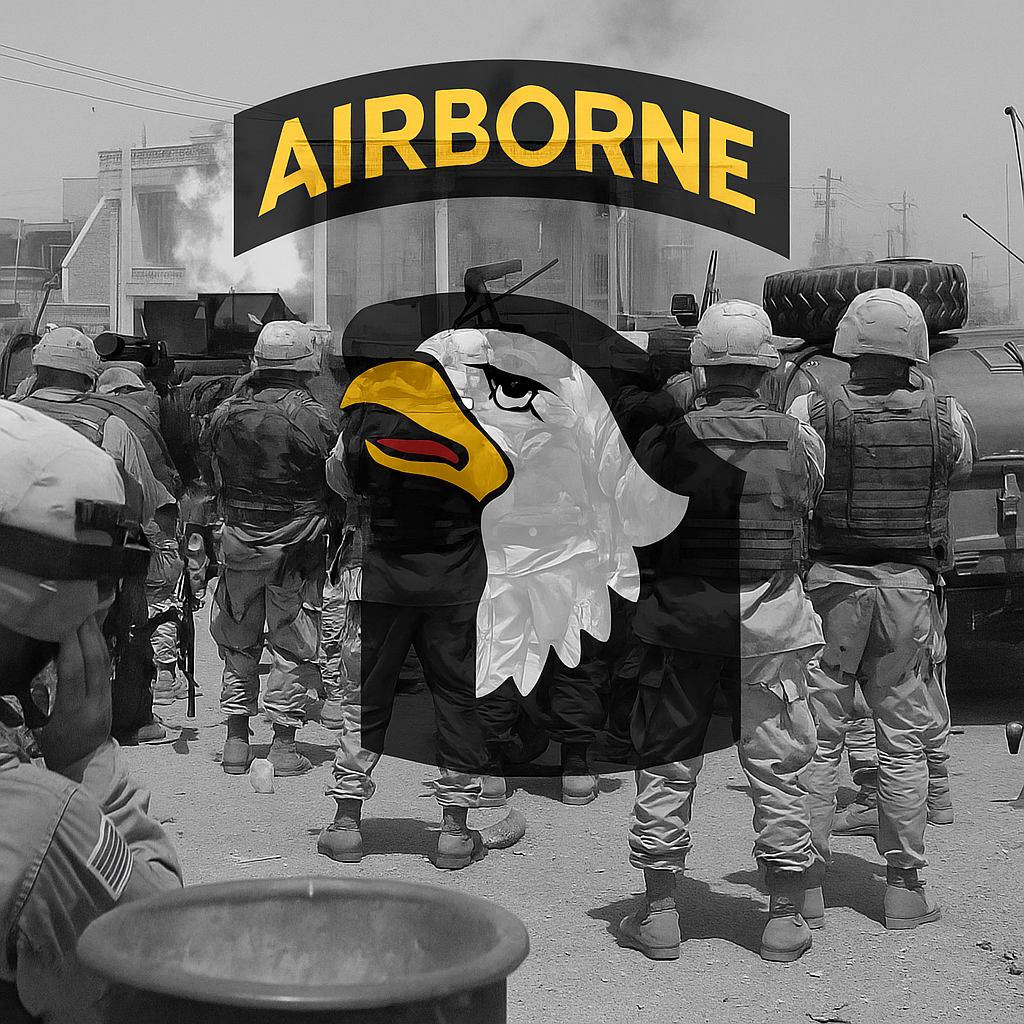 101st Airborne insignia over picture of the raid