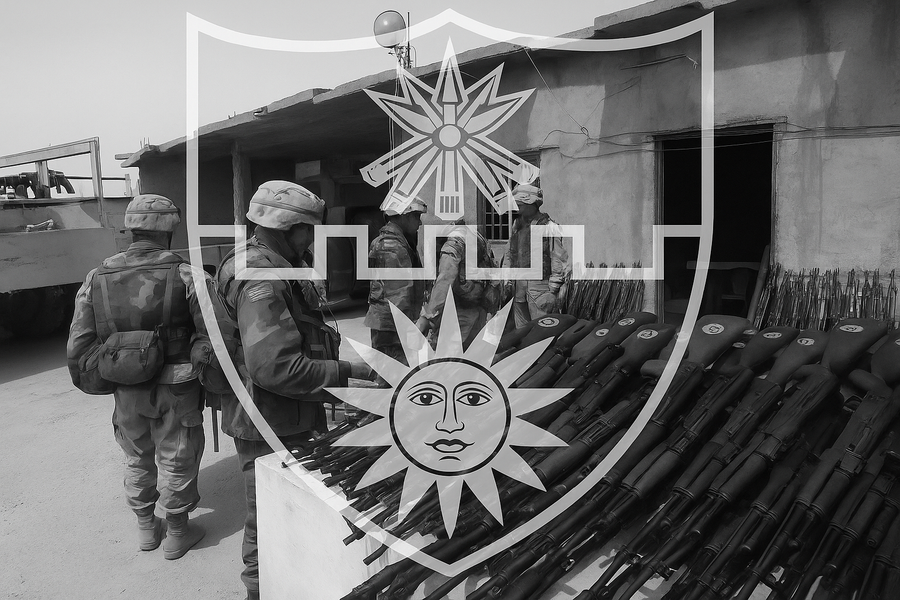 22nd Infantry insignia over seized weapons 