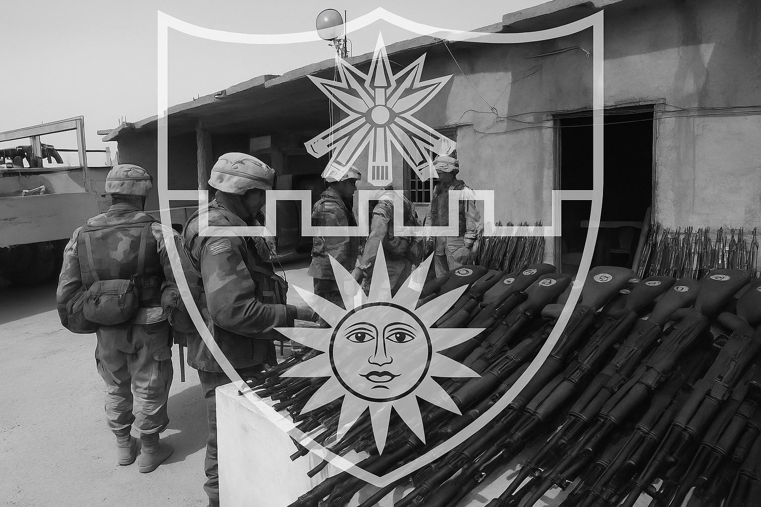 22nd Infantry insignia over seized weapons 