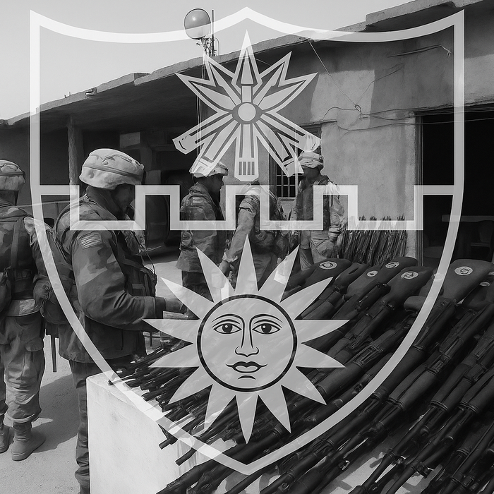 22nd Infantry insignia over seized weapons 