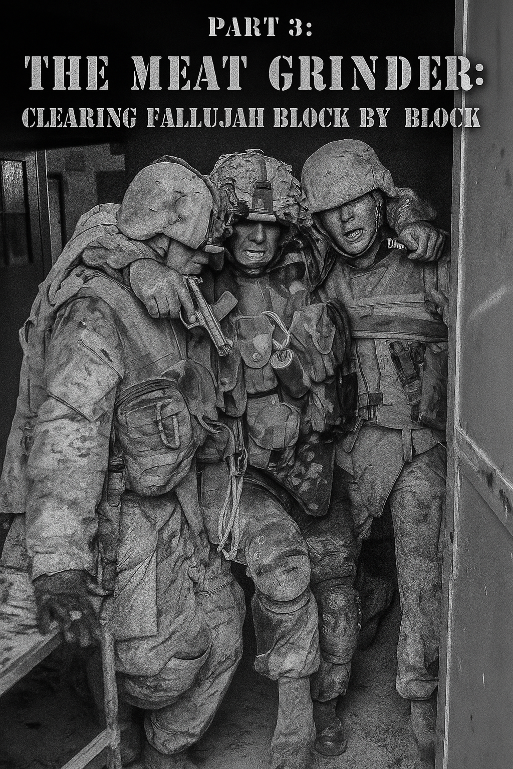 famous photo of 1stsgt Kasal with Part 3: “The Meat Grinder: Clearing Fallujah Block by Block” written over it