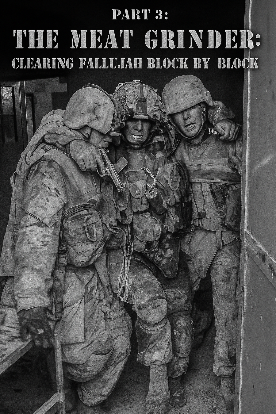 famous photo of 1stsgt Kasal with Part 3: “The Meat Grinder: Clearing Fallujah Block by Block” written over it