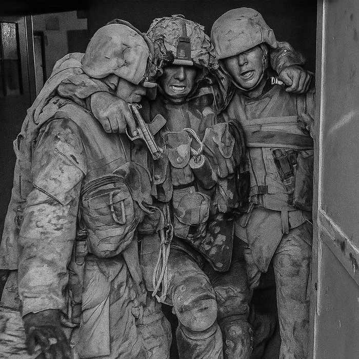 famous photo of 1stsgt Kasal with Part 3: “The Meat Grinder: Clearing Fallujah Block by Block” written over it