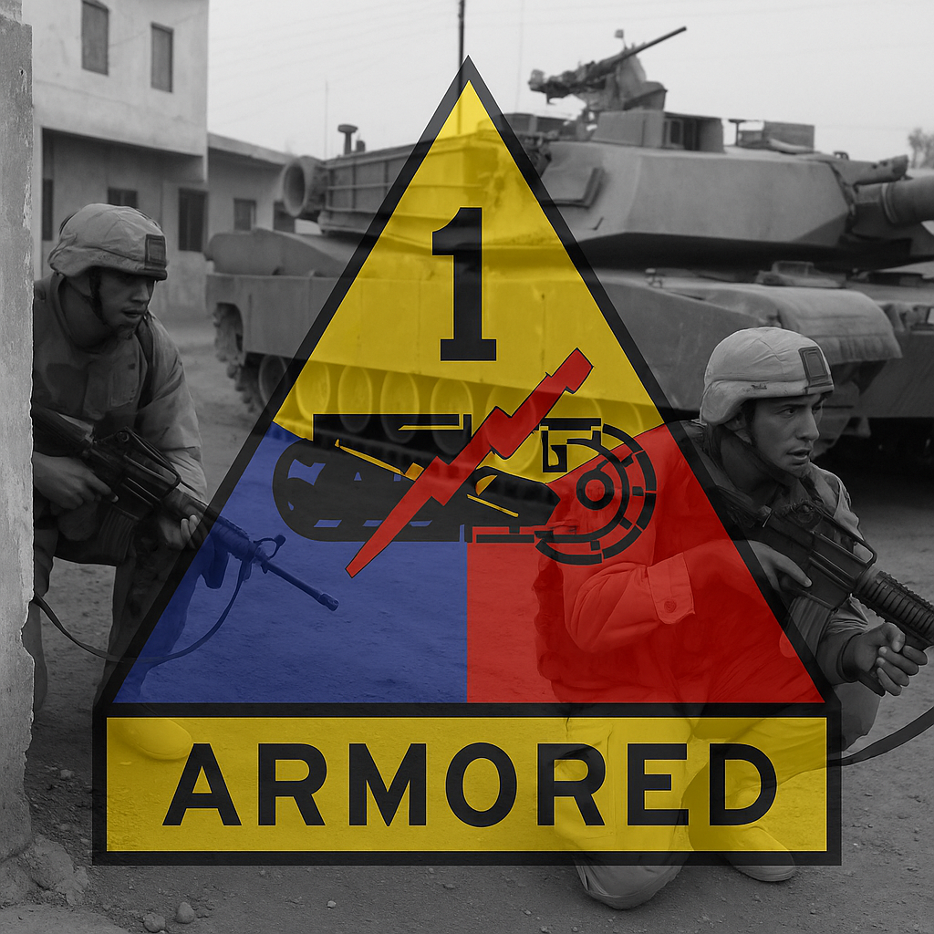 1st Armored Division insignia over soldier doing counterinsurgency operations