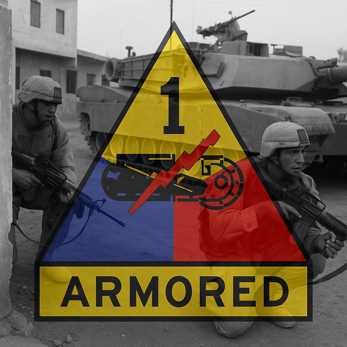 1st Armored Division insignia over soldier doing counterinsurgency operations