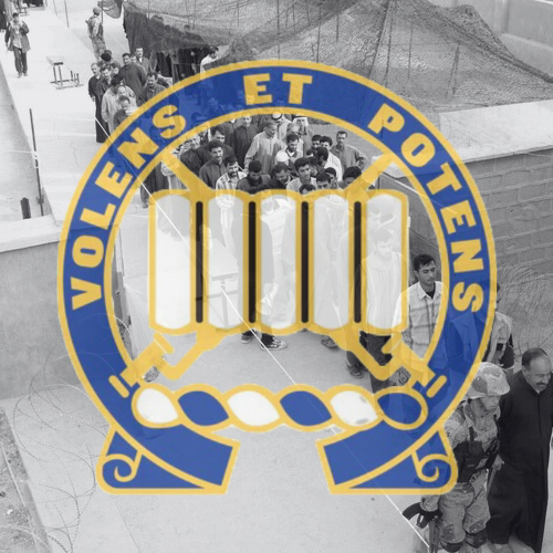 7th Infantry Regiment Insignia over image of Iraqis lining up to vote