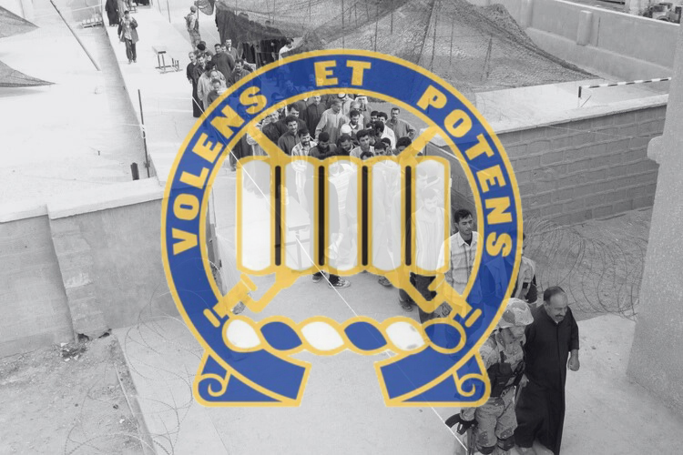 7th Infantry Regiment Insignia over image of Iraqis lining up to vote