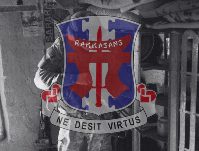 3rd Brigade Combat Team (BCT) "Rakkasan" 101st Airborne Division Insignia over an image from operation Iron Triangle