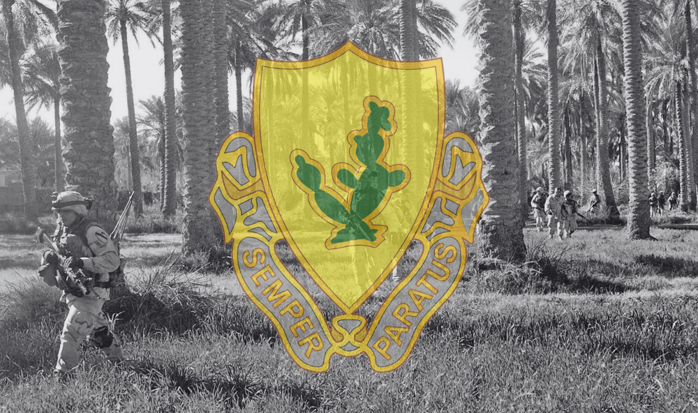 12th Cavalry Regiment over a photo of soldiers looking for weapons caches