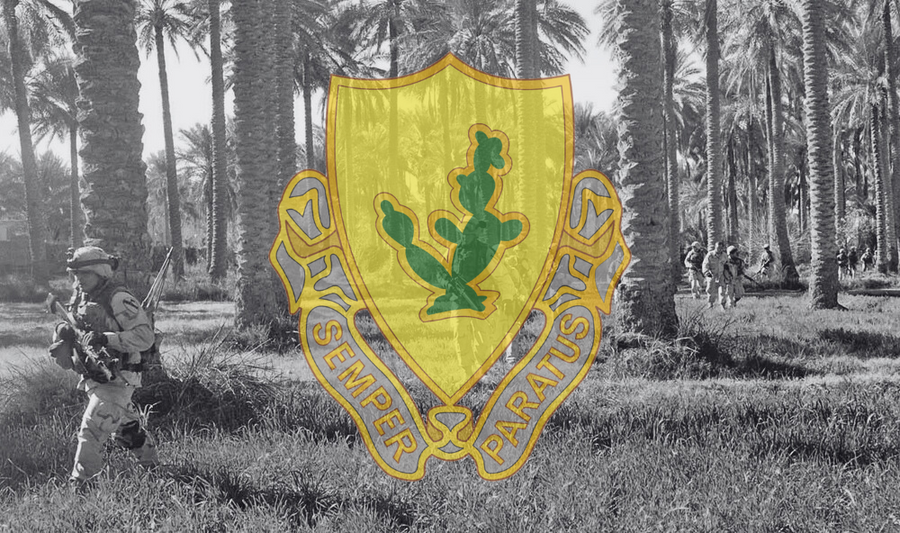 12th Cavalry Regiment over a photo of soldiers looking for weapons caches