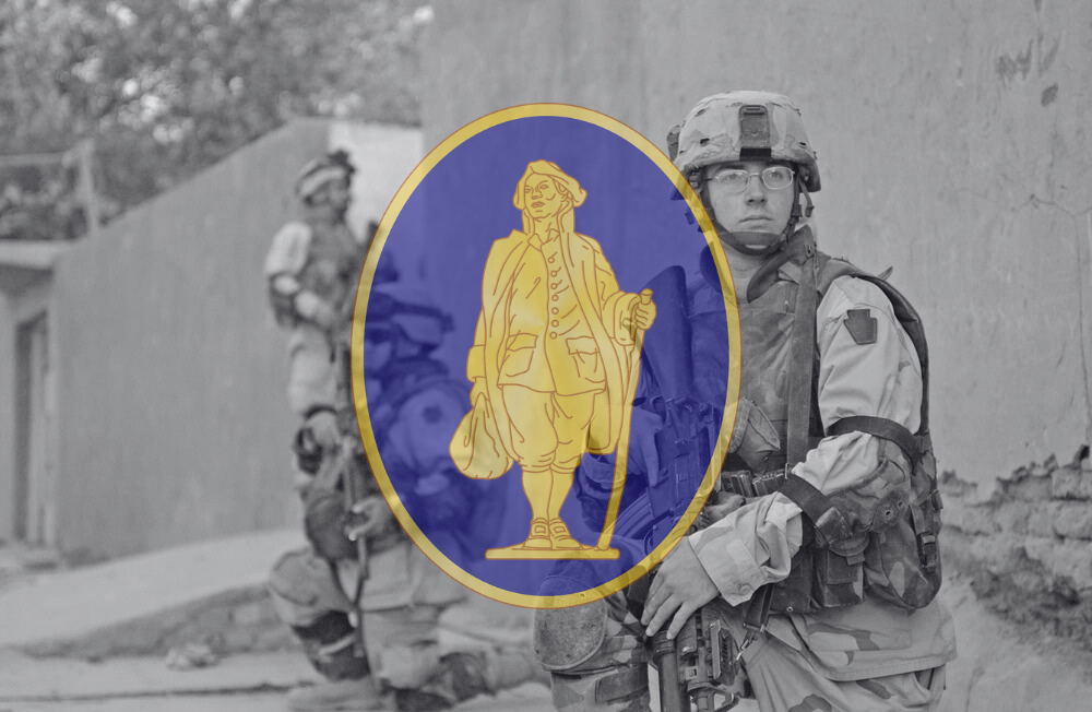 111th Infantry Regiment insignia over image os soldiers participating in Operation Hurtgen Forest