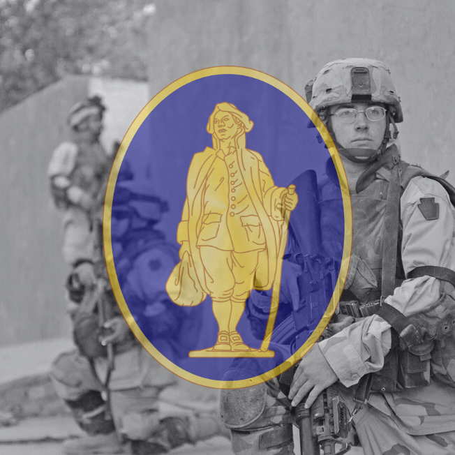 111th Infantry Regiment insignia over image os soldiers participating in Operation Hurtgen Forest