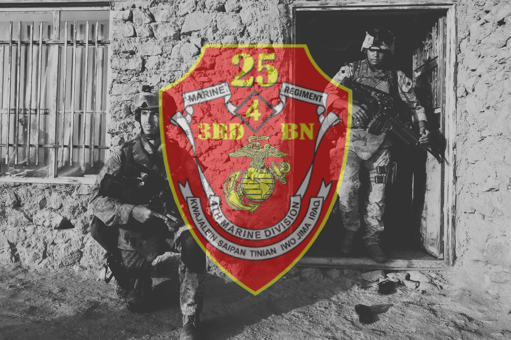 3/25 insignia over image of 3/25 Marines in Iraq in late 2005