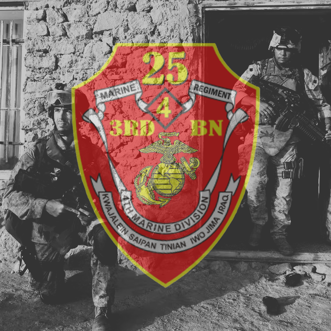 3/25 insignia over image of 3/25 Marines in Iraq in late 2005