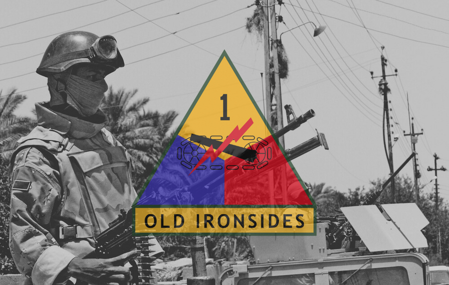 1st Armored Division Insignia over image from Operation Squeeze Play