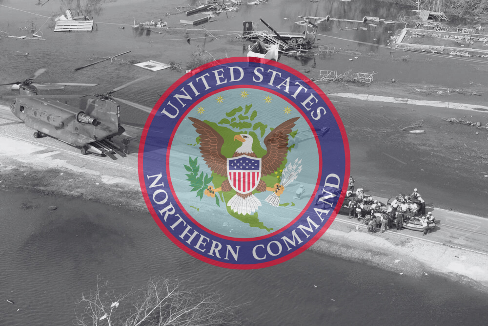 United States Northern Command Seal over image from US military response to Hurricane Katrina