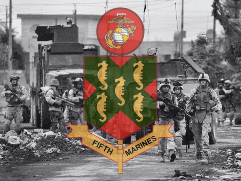 Fifth Marine Regiment Insignia over photo from Battle of Ramadi