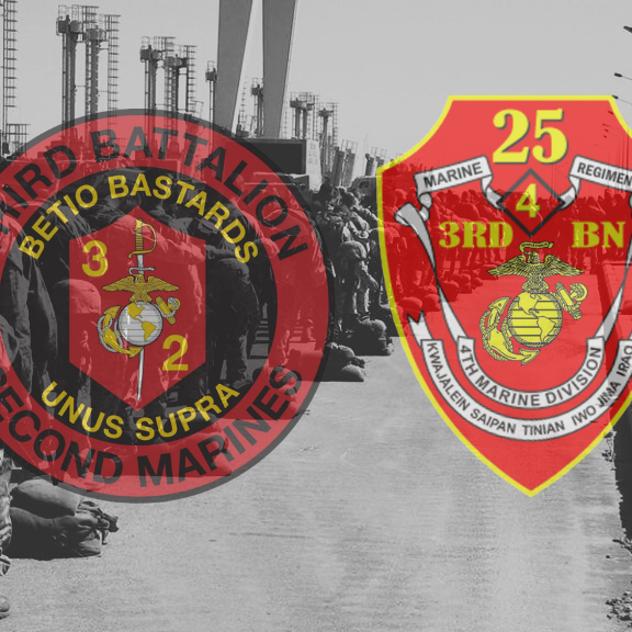 3/2 and 3/25 insignia over photo of memorial for fallen Marines