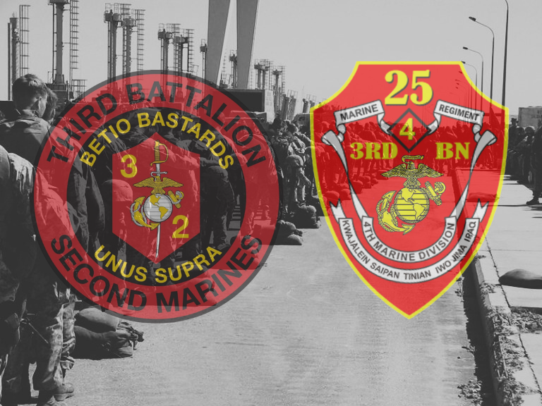 3/2 and 3/25 insignia over photo of memorial for fallen Marines