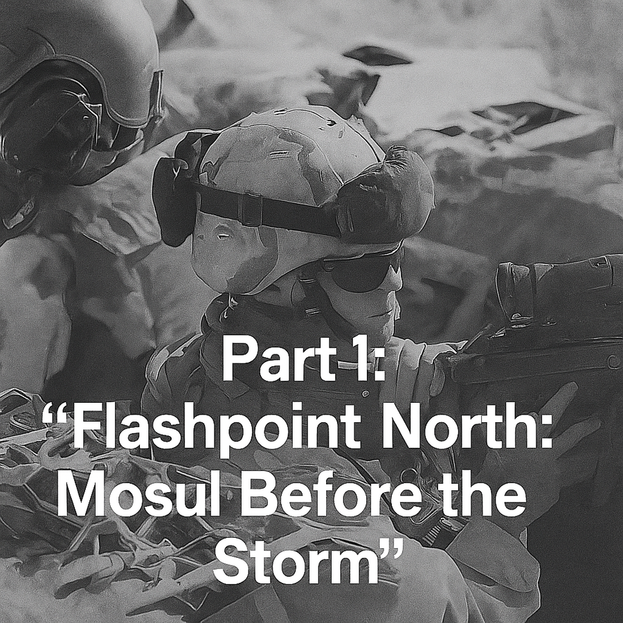 Soldiers on patrol in Mosul with article name written over it