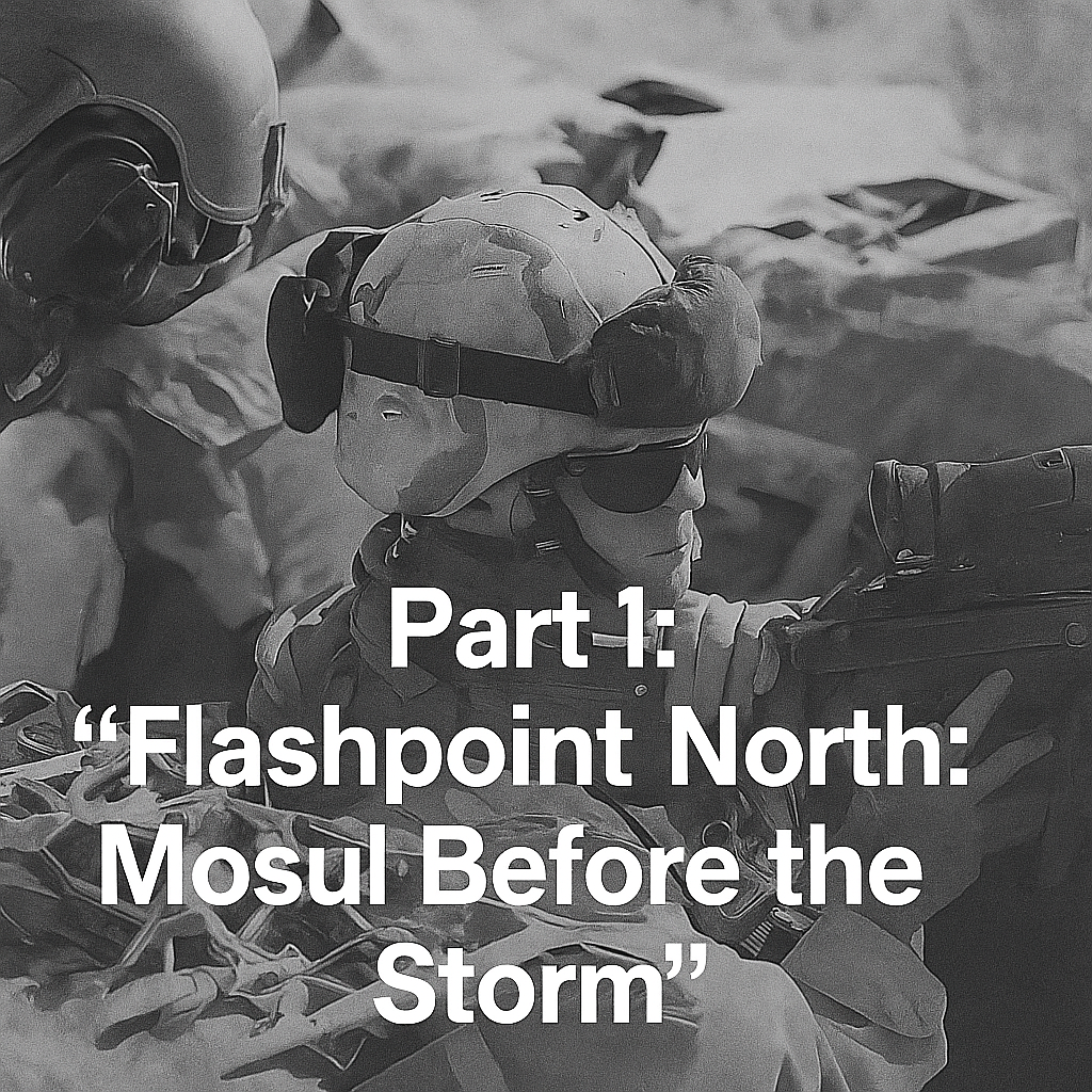 Soldiers on patrol in Mosul with article name written over it