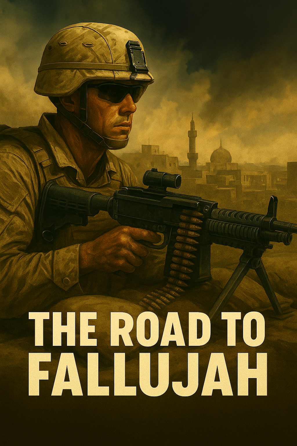 artistic image of Marine, with road to Fallujah written on it