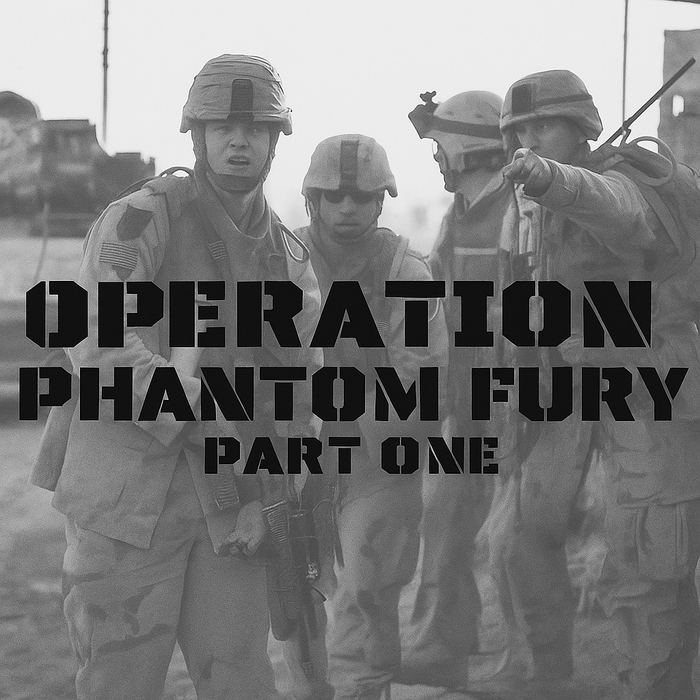 Image of soldiers during the Second Battle of Fallujah with "Operation Phantom Fury Part One" written over it