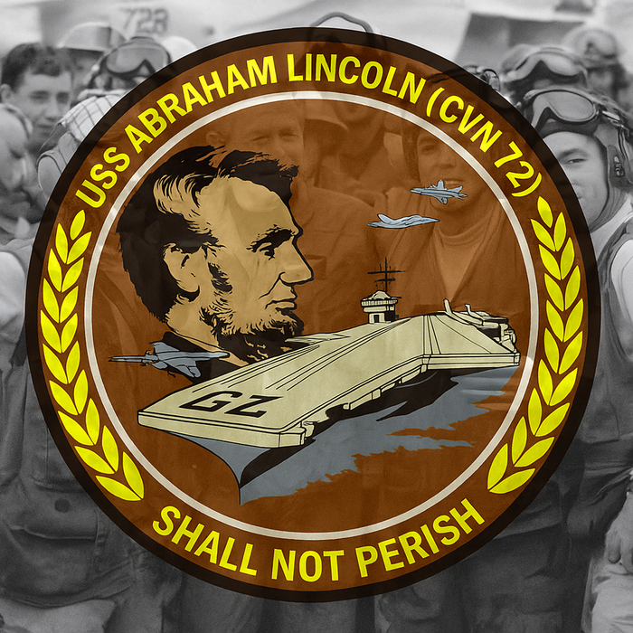 President Bush stands with sailors aboard the USS Abraham Lincoln; the ship's emblem is overlaid in color.