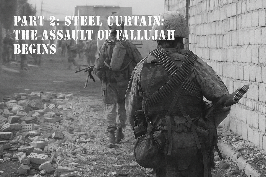 Soldiers patrol the street of Fallujah, with Part 2: "Steel Curtain: The Assault of Fallujah Begins" written over it