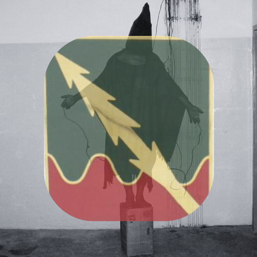 Insignia of the 320th Military Police Battalion over famous photo of torture