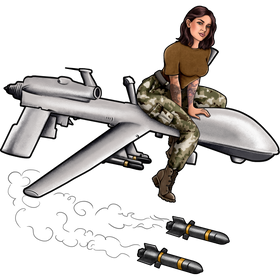 U.S. Army Military Intelligence Pin Up Girl Riding a MQ-9 Reaper Drone