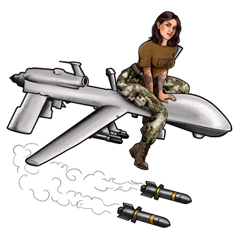 U.S. Army Military Intelligence Pin Up Girl Riding a MQ-9 Reaper Drone