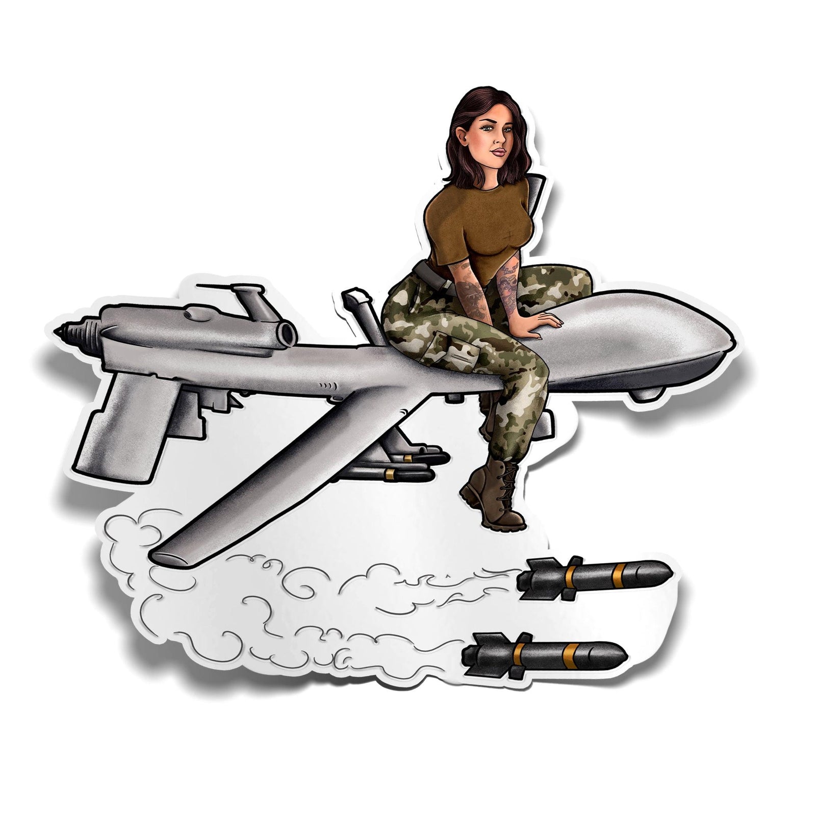 Military Intel Pin-Up Girl Julia MQ-9 Reaper Glossy Vinyl Sticker Tactically Acquired 4"x4"