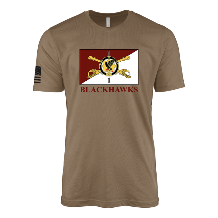 1-1 CAV "Blackhawks" Flag T-Shirt Tactically Acquired Woodland Brown Small Clean