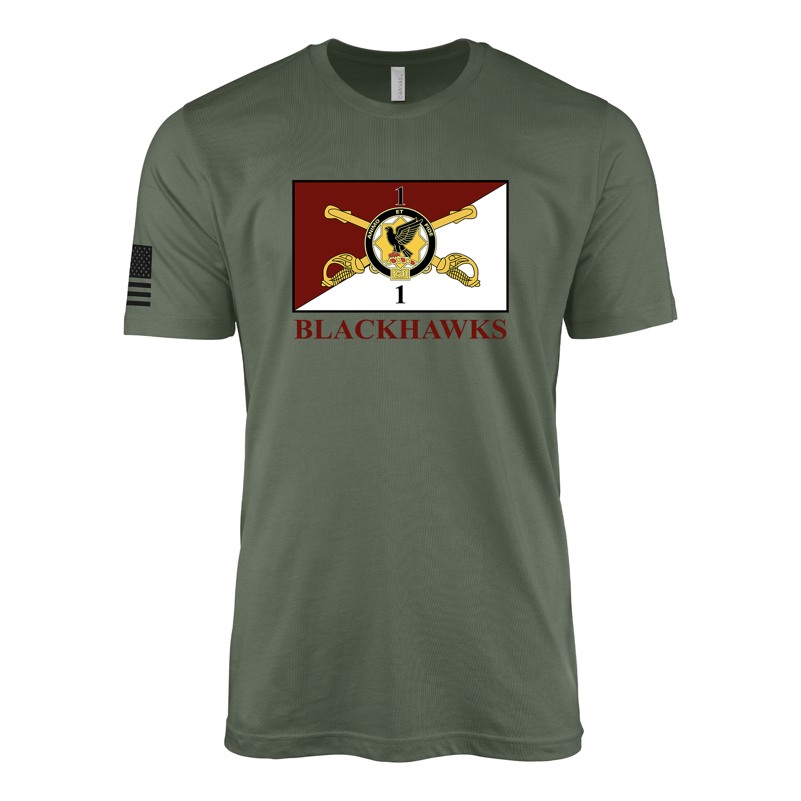1-1 CAV "Blackhawks" Flag T-Shirt Tactically Acquired Military Green Small Clean