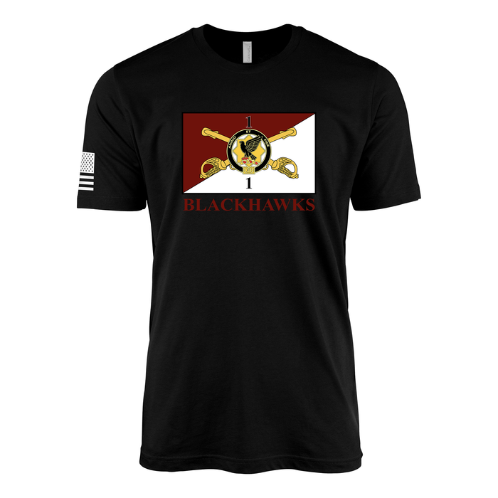 1-1 CAV "Blackhawks" Flag T-Shirt Tactically Acquired Black Small Clean