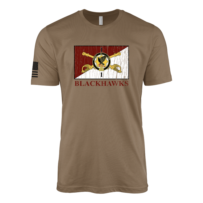 1-1 CAV "Blackhawks" Flag T-Shirt Tactically Acquired Woodland Brown Small Distressed